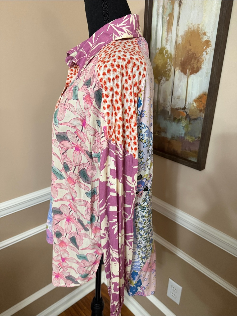 Patchwork Floral Button-Front Blouse - Pink Multi NWOT - Picture 8 of 12